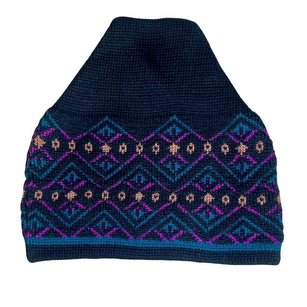 VTG 70's Meister Knit Beanie Hat Black Colorful Fair‎ Isle Wool Blend Winter Ski